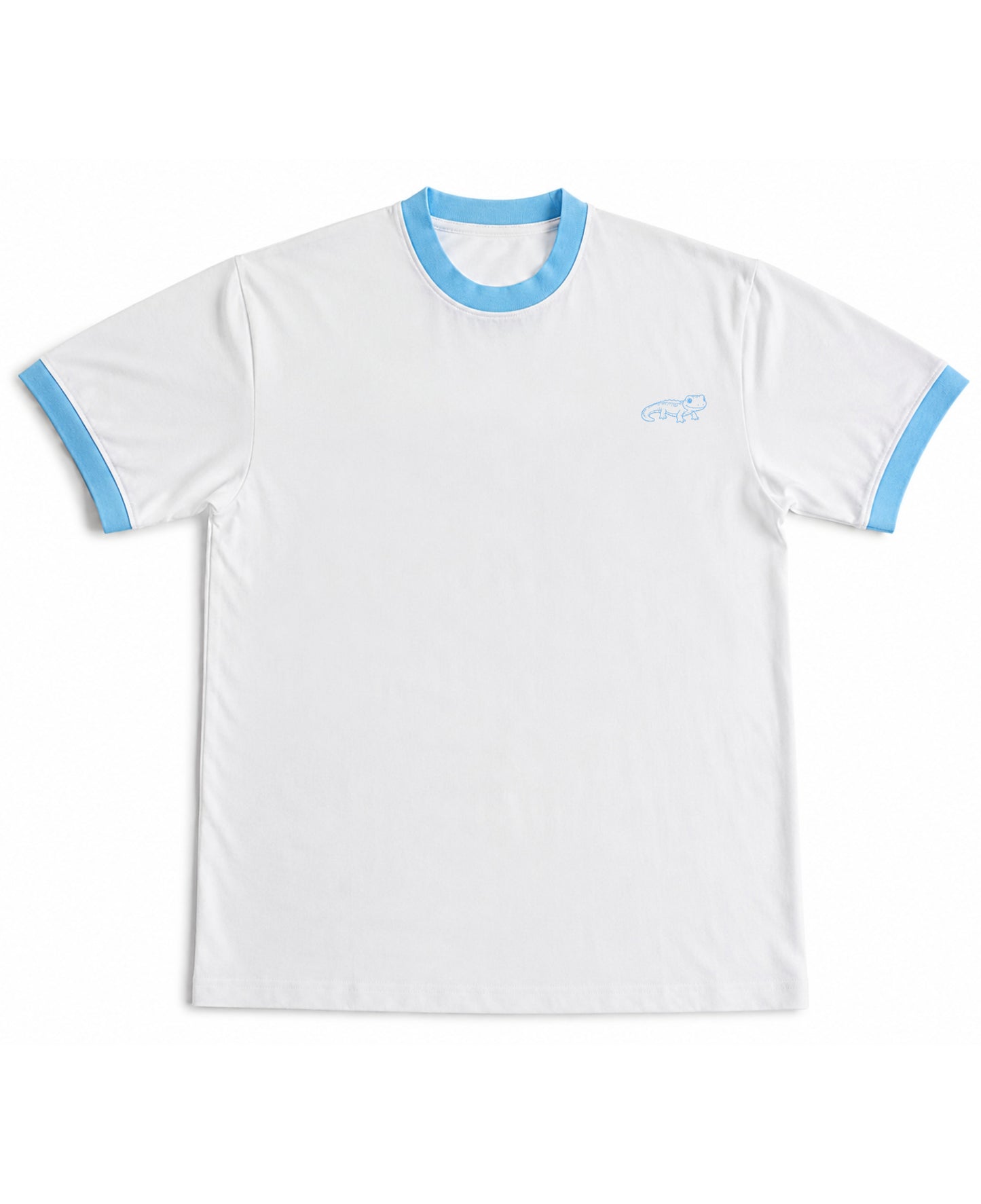 White & Sky Blue Ringer tee Front Design